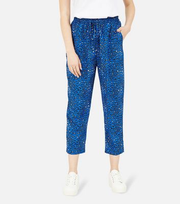 Yumi Bright Blue Leopard Print Tie Waist Crop Trousers