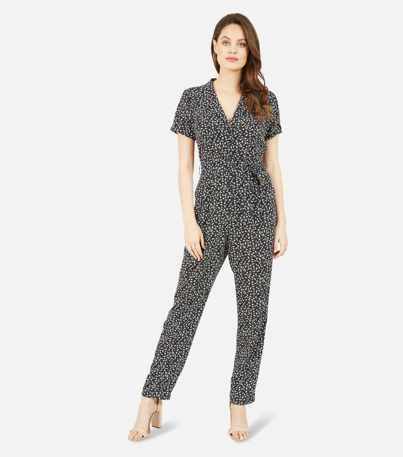 Yumi Black Ditsy Floral Belted Jumpsuit