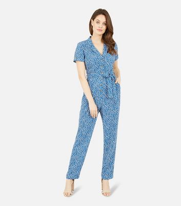 Yumi Blue Ditsy Floral Belted Jumpsuit 