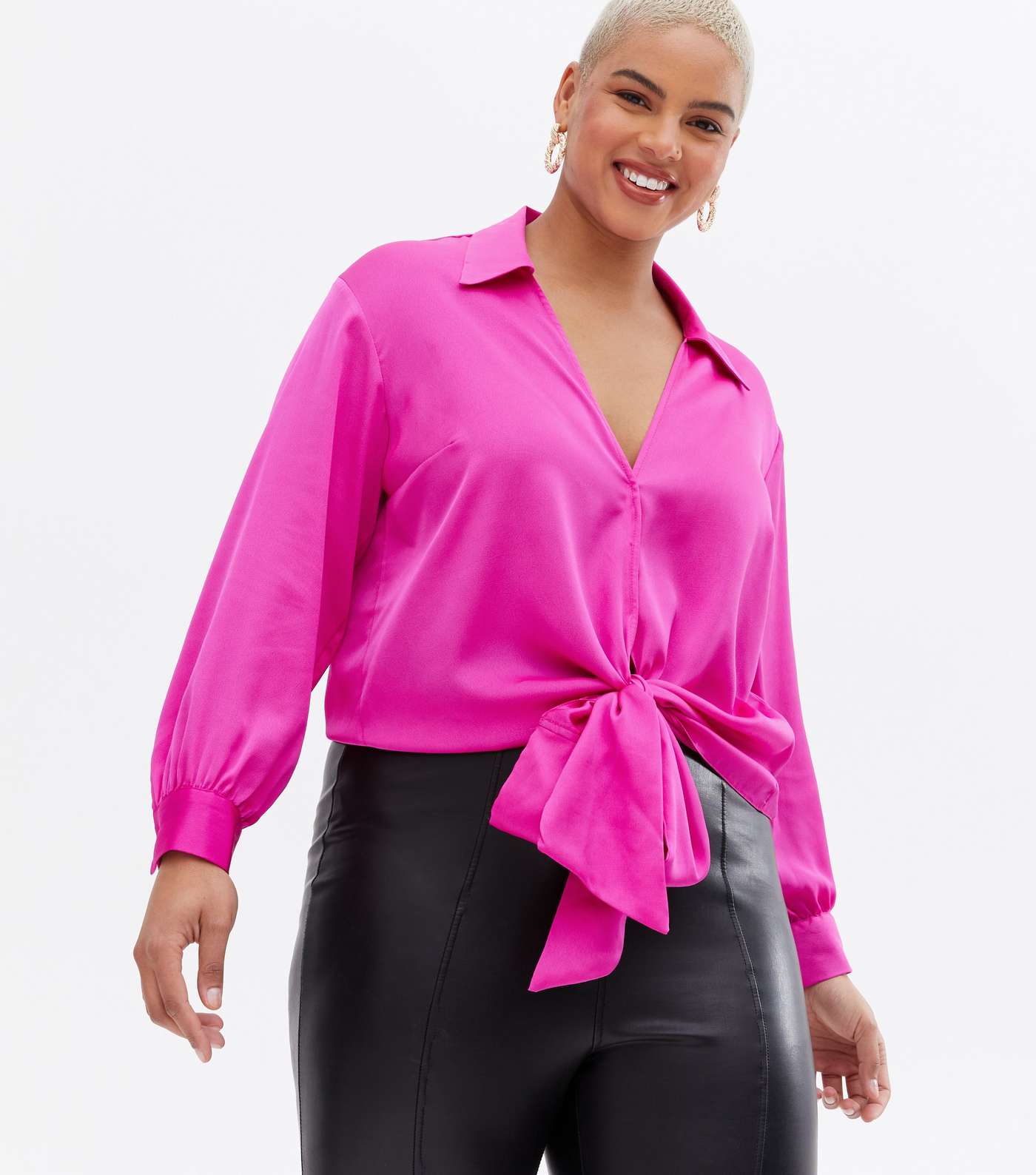 Curves Bright Pink Satin Tie Front Blouse