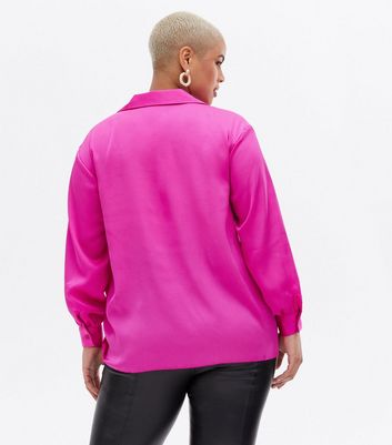 Curves Bright Pink Satin Tie Front Blouse | New Look