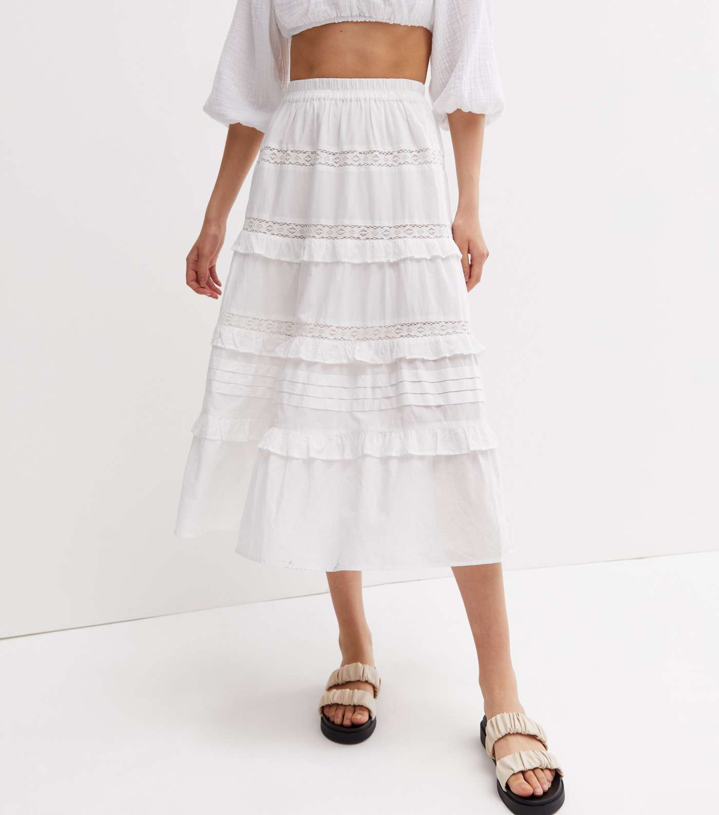 White Frill Tiered Midi Skirt Image 2