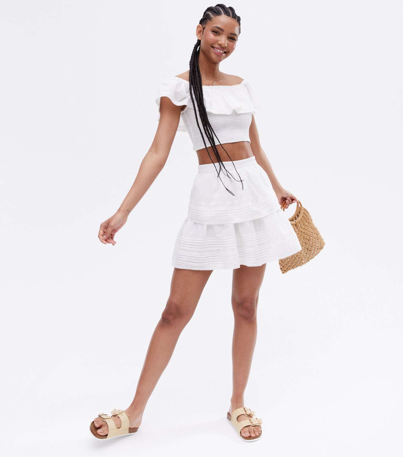 White Lace Trim Tiered Mini Skirt