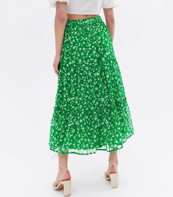 Green Floral Chiffon Ruffle Tiered Midi Skirt New Look