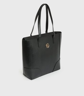 Black Leather-Look Embossed Logo Tote Bag