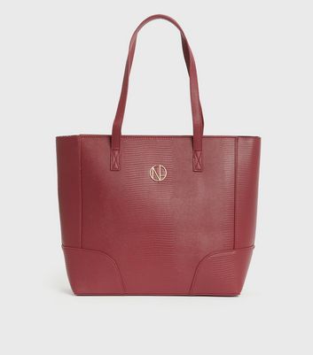 Dark Red Leather Look Logo Tote Bag New Look