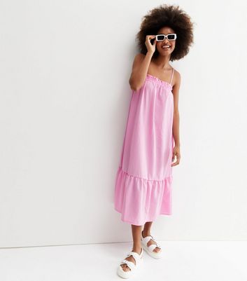 Mid Pink Tiered Strappy Midi Dress 