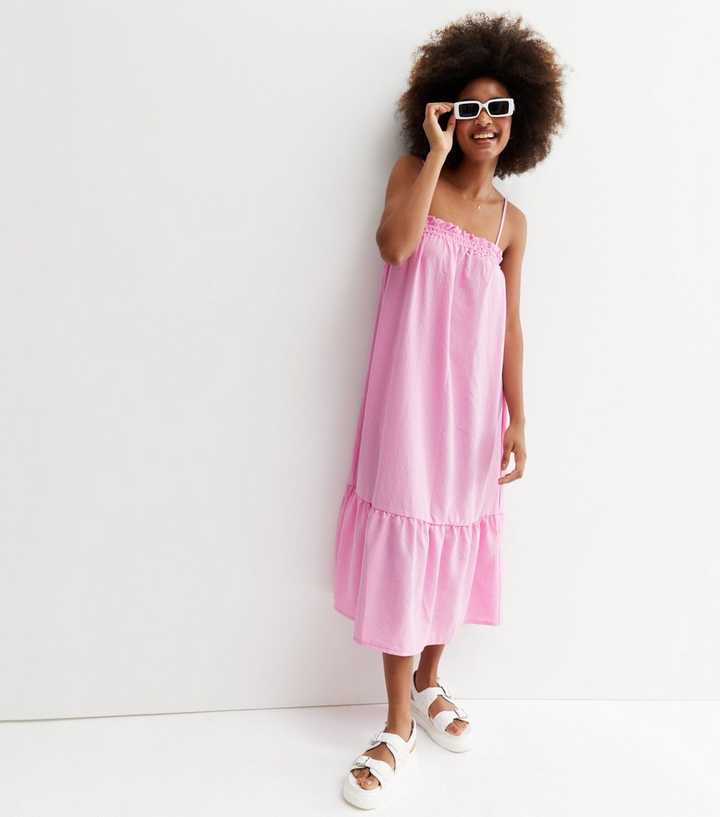 Mid Pink Tiered Strappy Midi Dress