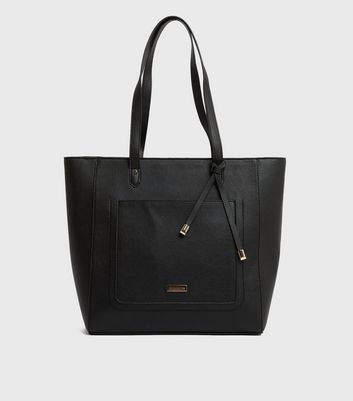 Black Leather Look Tassel Pocket Front Tote Bag