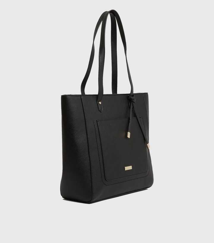 Black Leather-Look Zip Front Tote Bag