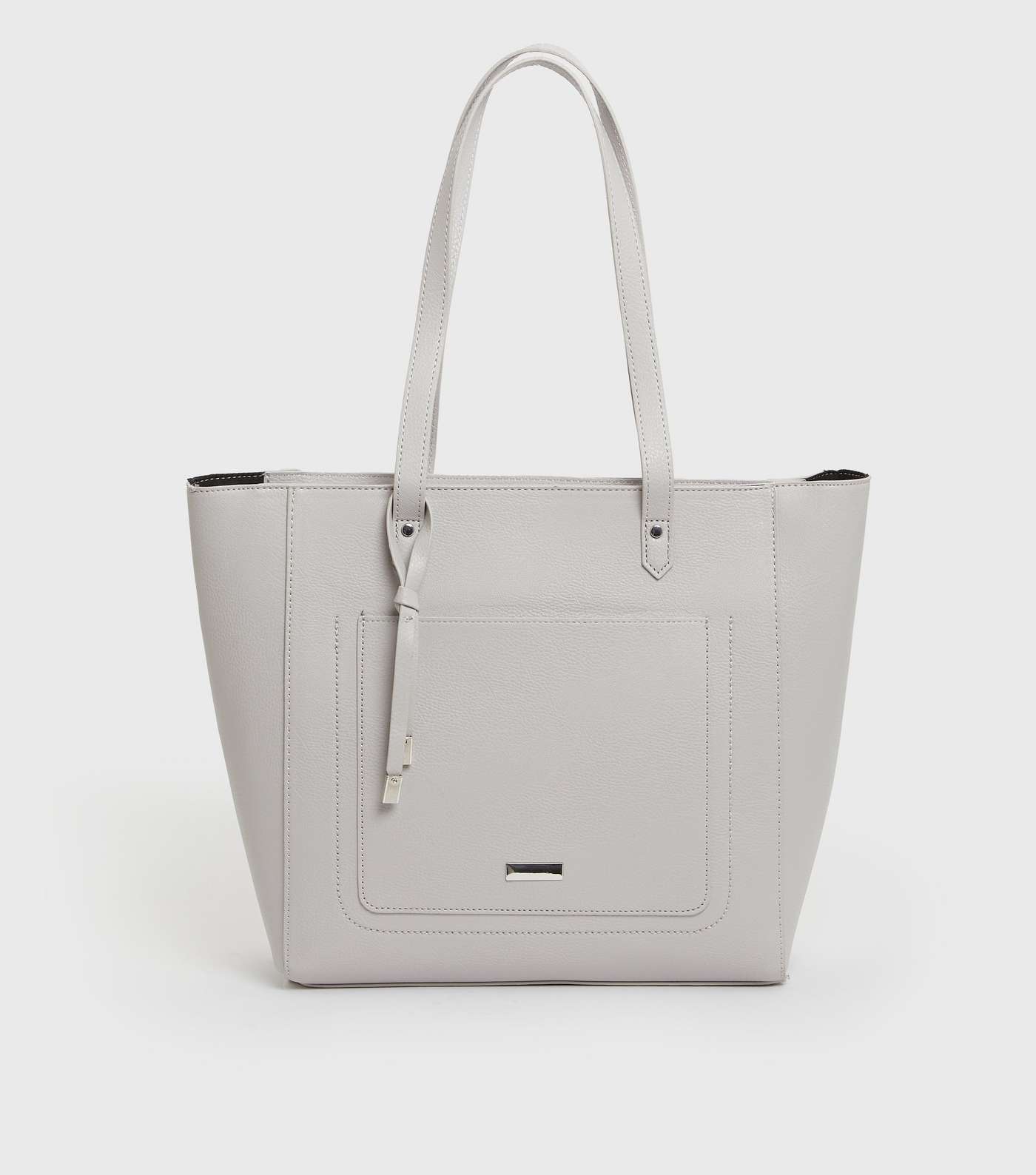 Grey Leather-Look Tassel Pocket Front Tote Bag