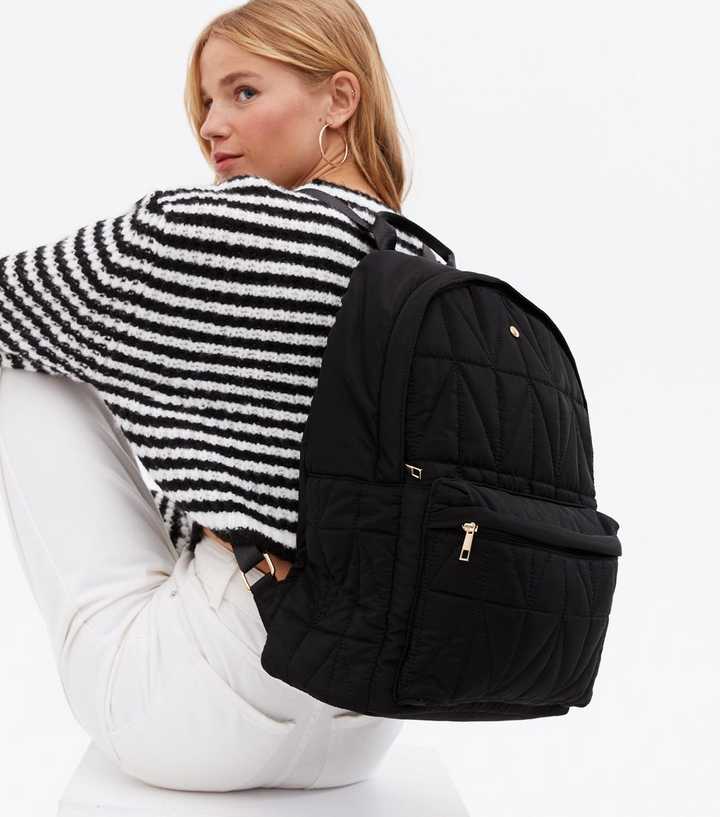 Black Quilted Pocket Front Backpack | New Look