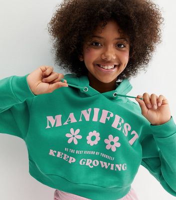 Girls Green Floral Keep Growing Logo Hoodie New Look