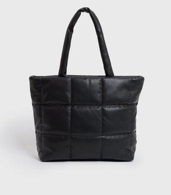 shop for Black Quilted Leather-Look Tote Bag New Look at Shopo