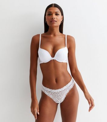 White Animal Print Lace Plunge Push Up Bra New Look