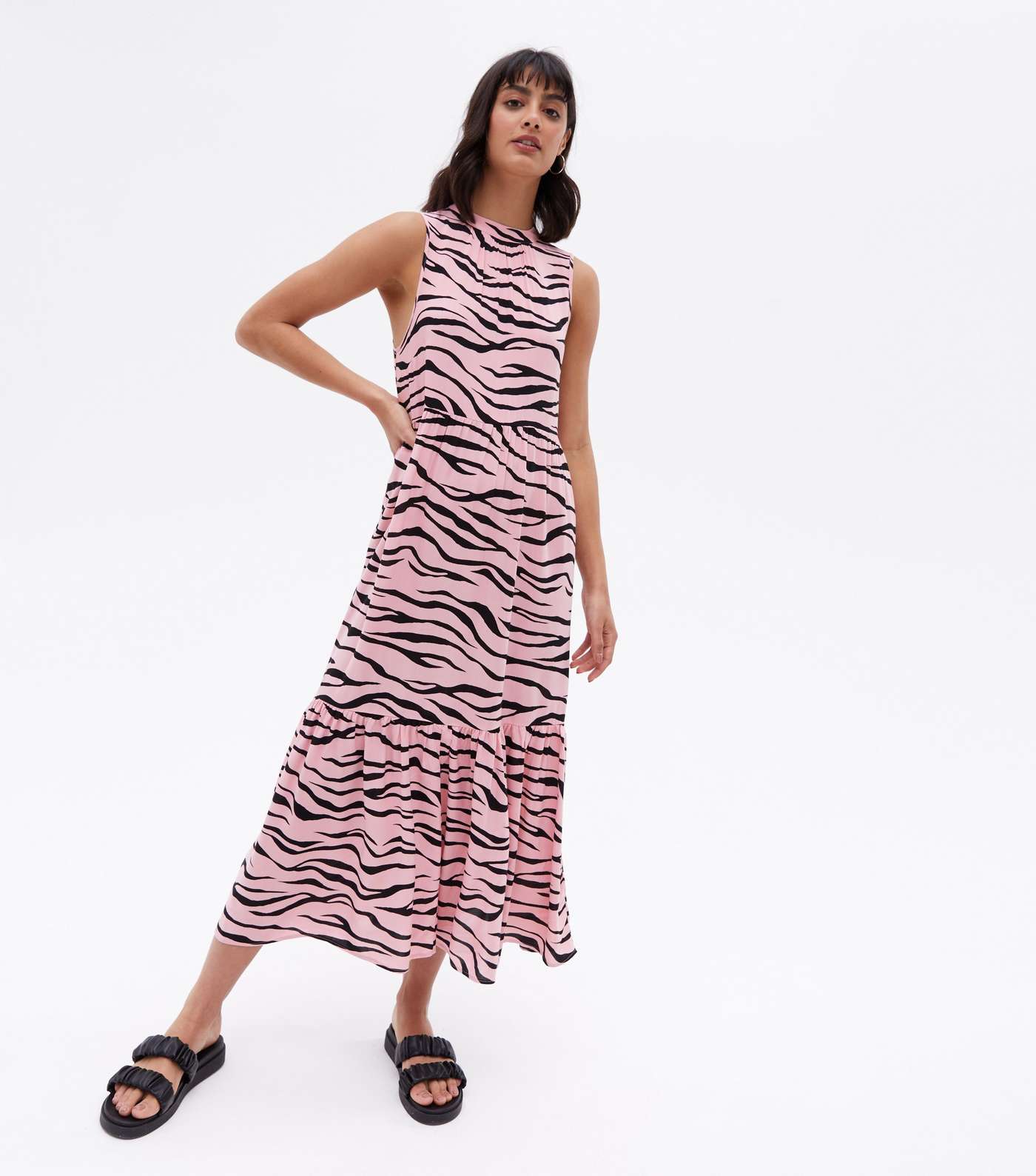 Pink Zebra Print Tie Back Tiered Midi Smock Dress Image 3