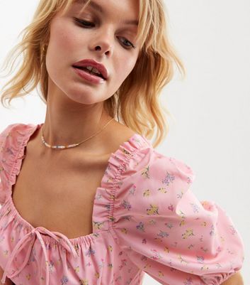 Pink Floral Square Neck Puff Sleeve Bustier Crop Top | New Look