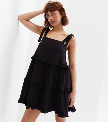 Black Frill Tiered Tie Strap Mini Dress