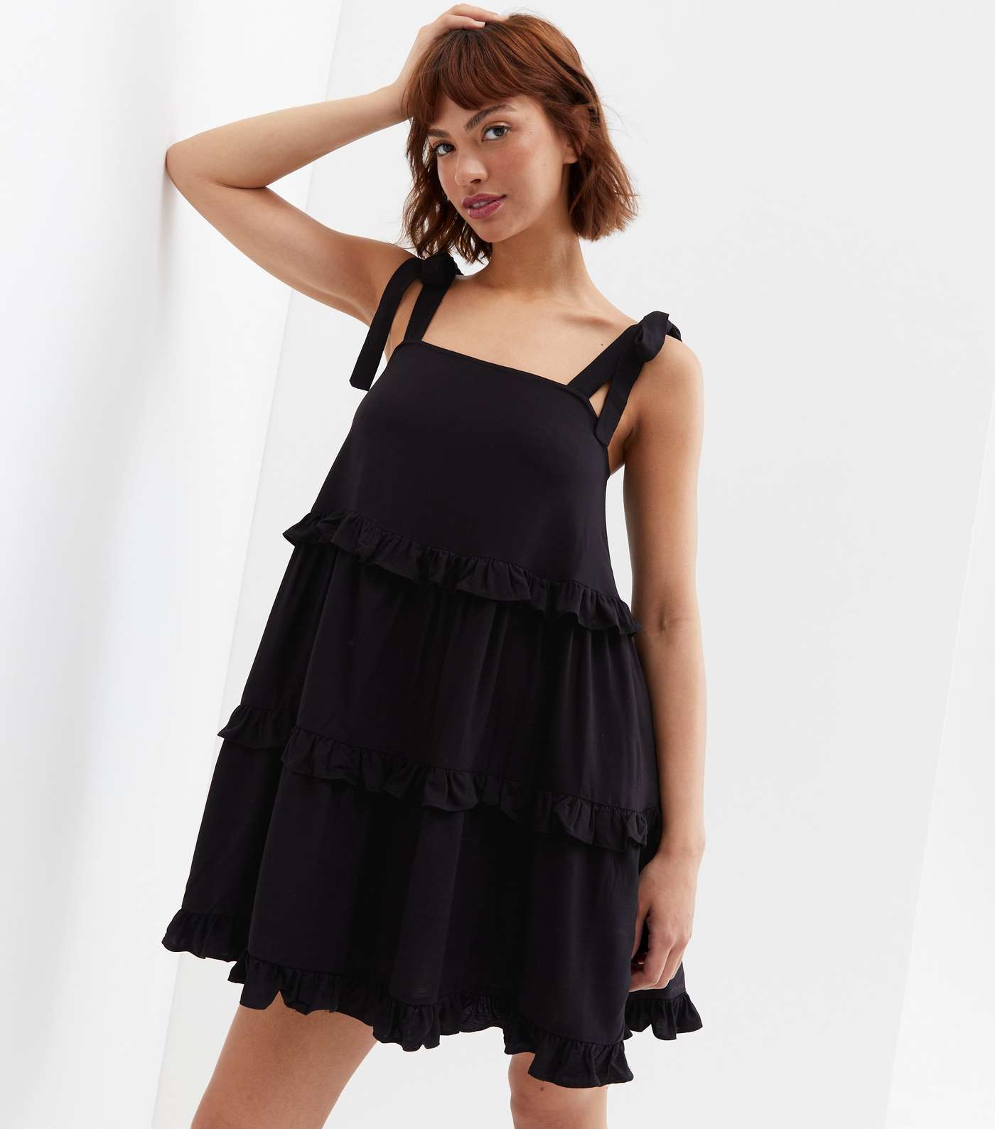 Black Frill Tiered Tie Strap Mini Dress