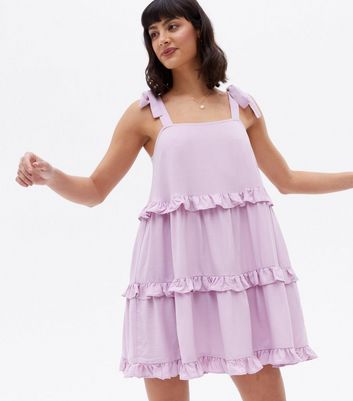 Light Purple Frill Tiered Tie Strap Mini Dress