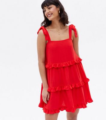 Red Frill Tiered Tie Strap Mini Dress