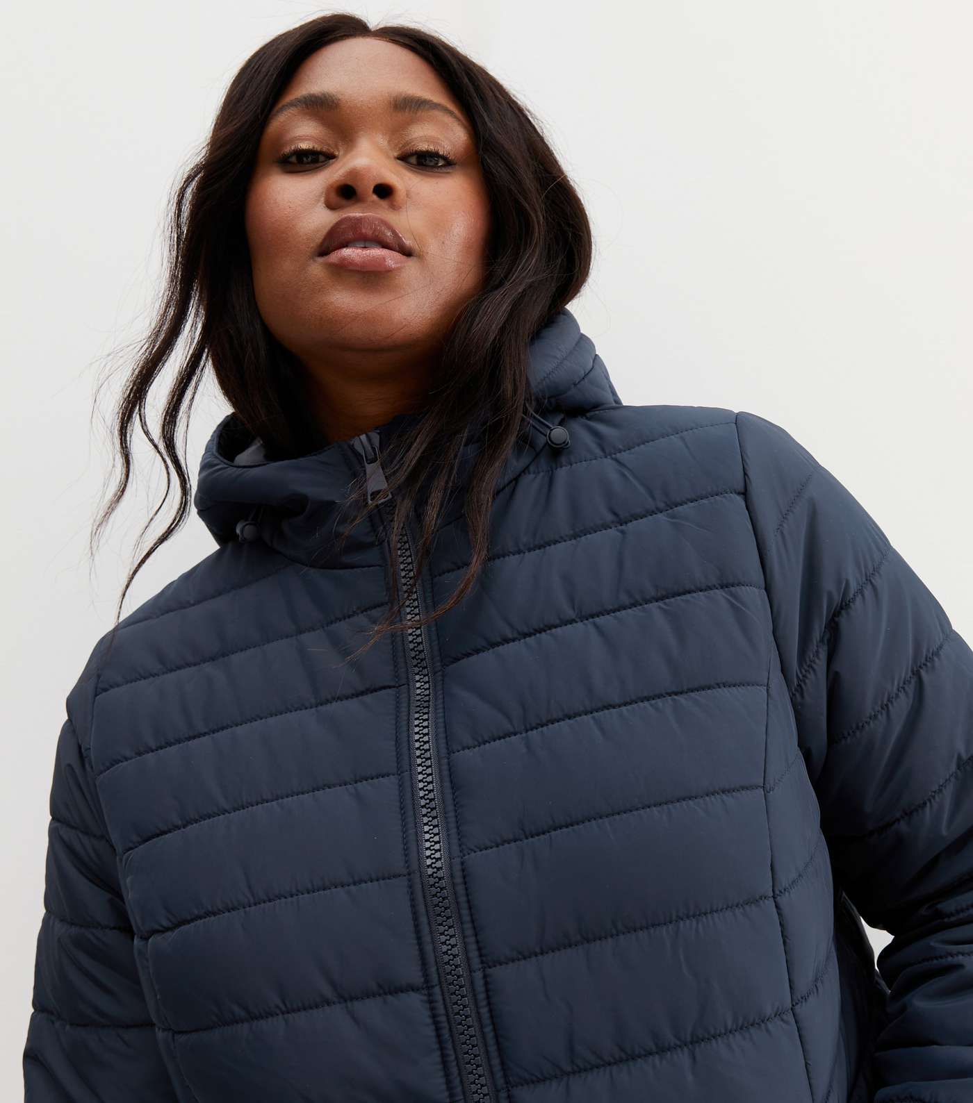 Curves Navy Lightweight Hooded Puffer Jacket Image 3