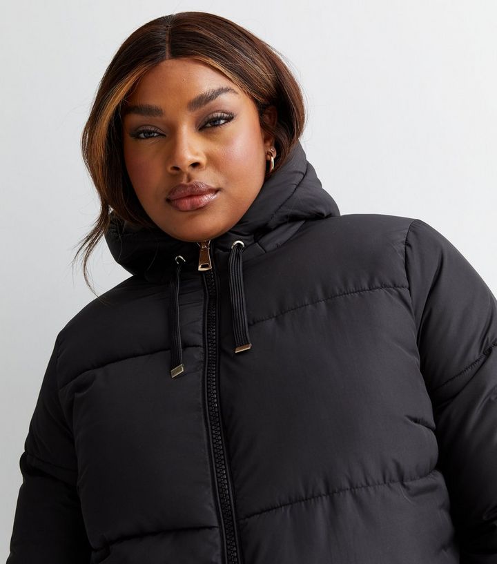 Curves Black Mid Length Hooded Puffer Jacket | New Look