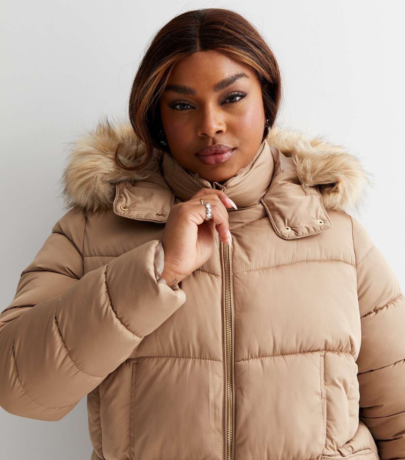 Curves Camel Faux Fur Hooded Puffer Jacket Image 2