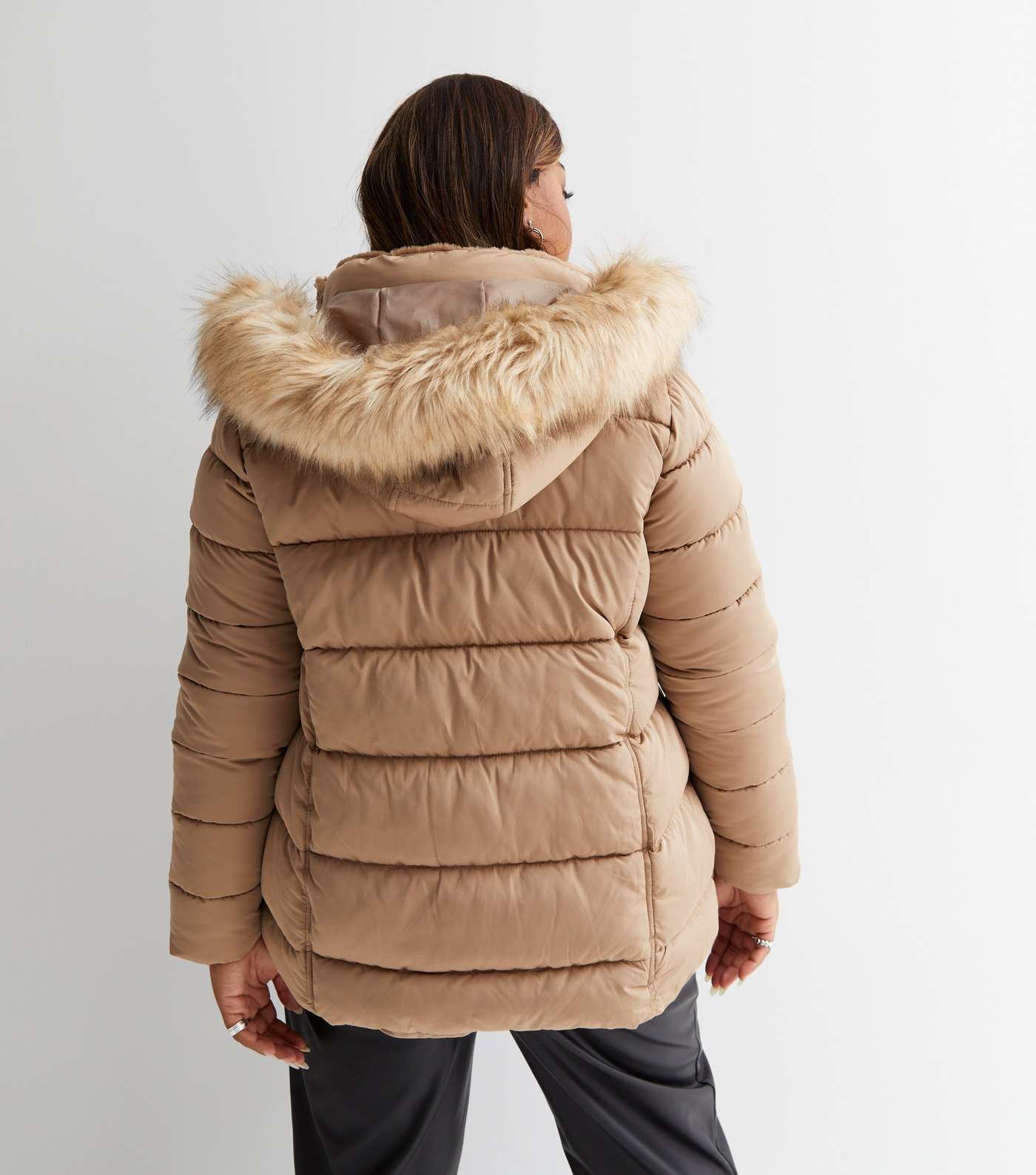 Curves Camel Faux Fur Hooded Puffer Jacket Image 4
