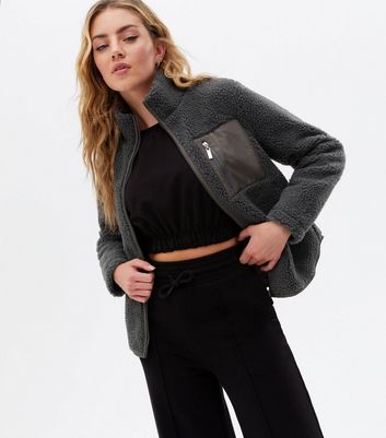 Grey Teddy High Neck Zip Front Jacket 