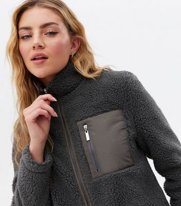 Click to view product details and reviews for Grey Teddy High Neck Zip Front Jacket New Look.