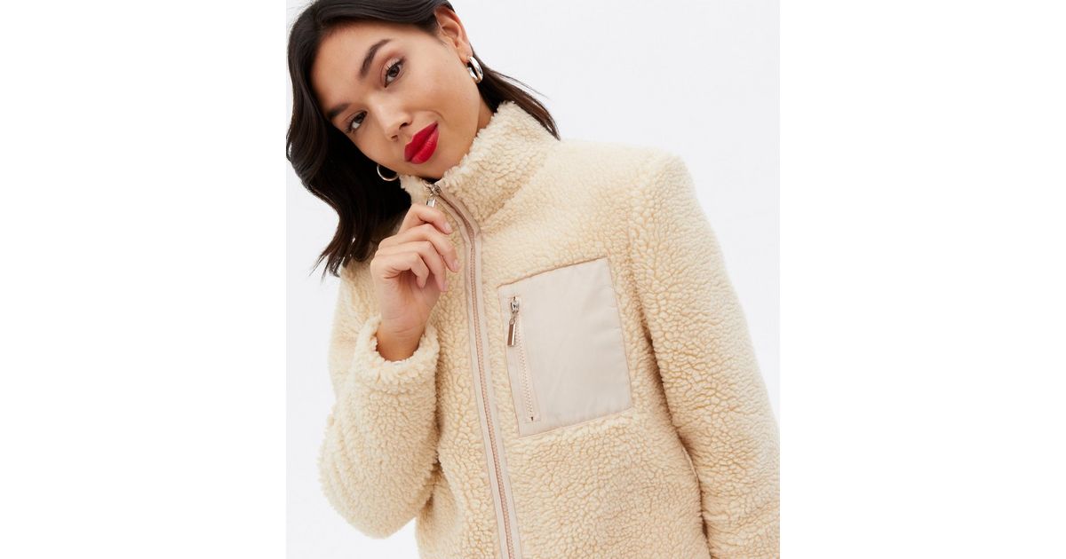 Cream Teddy High Neck Zip Front Jacket | New Look