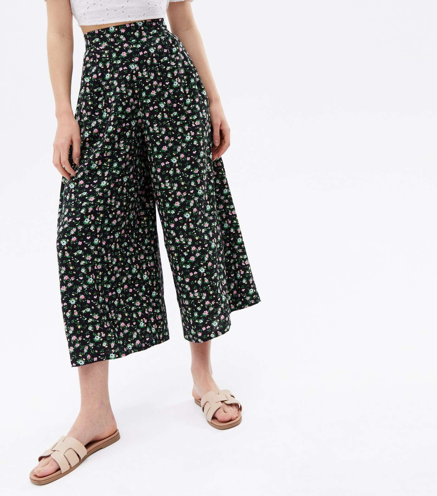 Black Ditsy Floral High Waist Wide Leg Crop Trousers Image 2