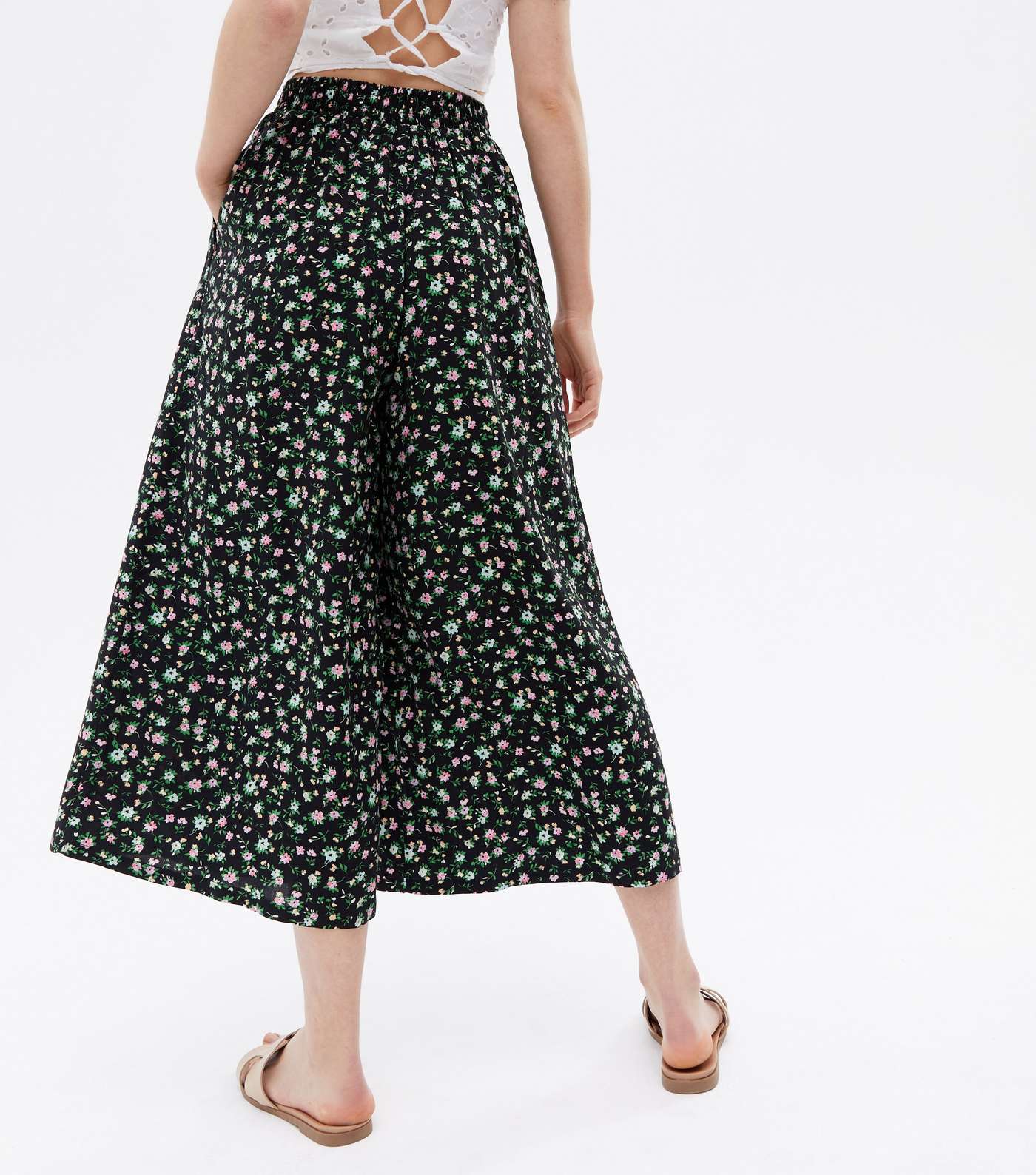 Black Ditsy Floral High Waist Wide Leg Crop Trousers Image 4