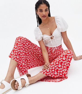Red Daisy Wide Leg Crop Trousers | New Look