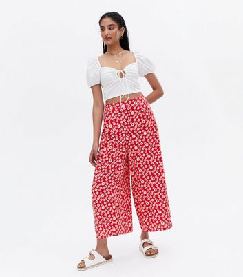 Red Daisy Wide Leg Crop Trousers | New Look