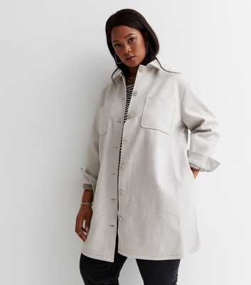 Curves Pale Grey Double Pocket Front Long Shacket