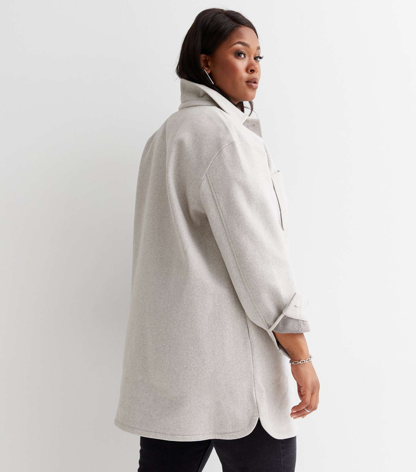 Curves Pale Grey Double Pocket Front Long Shacket Image 4