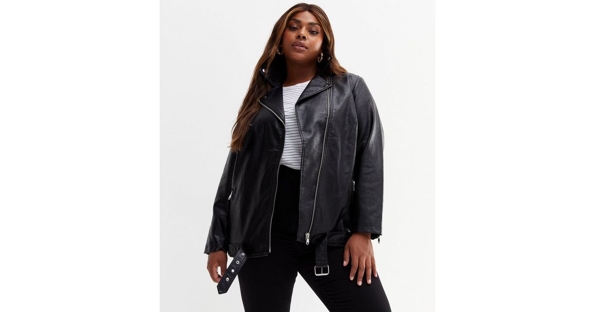 Curves Black Leather Look Belted Biker Jacket New Look 