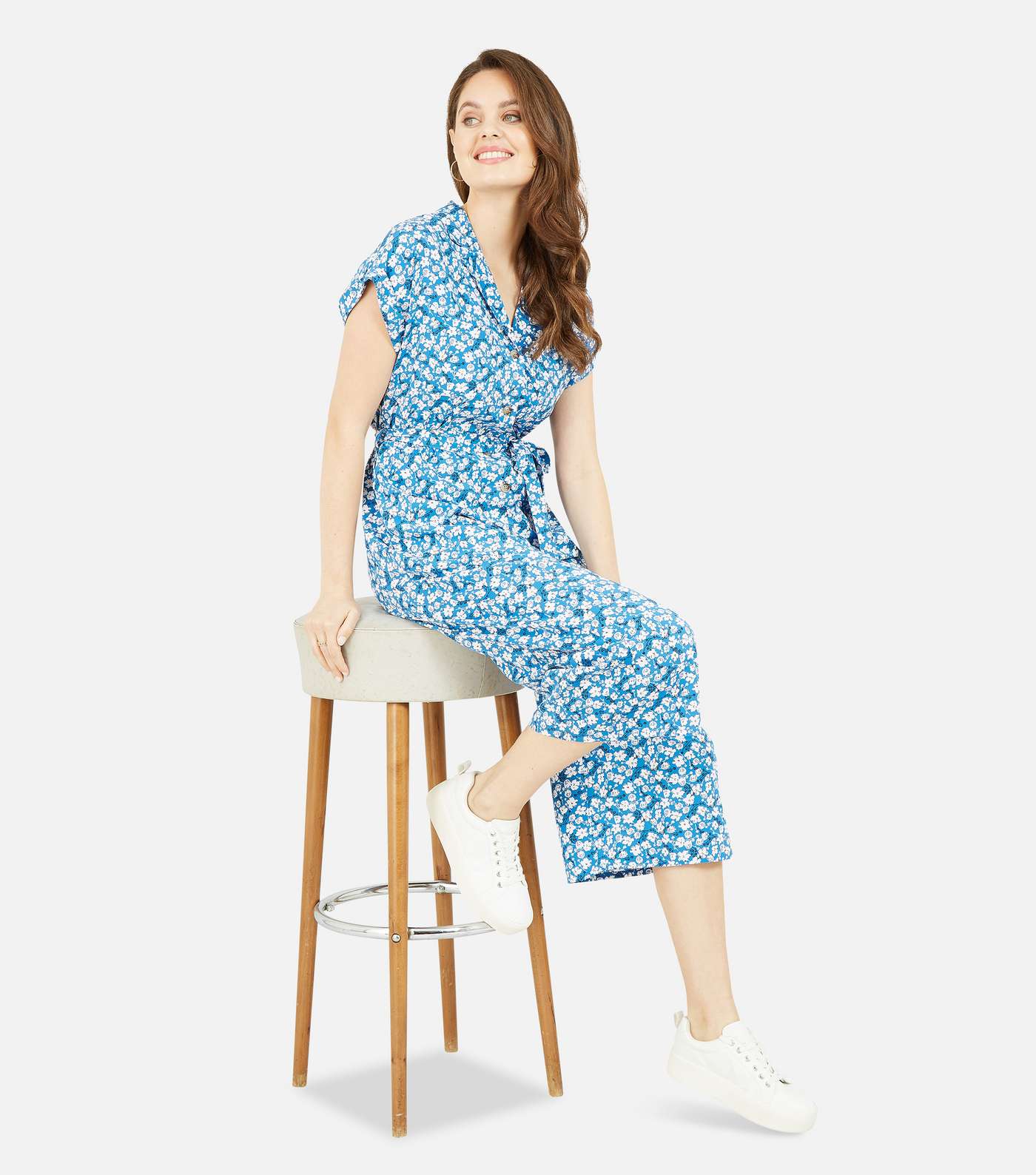 Yumi Blue Floral Belted Wide Leg Crop Jumpsuit