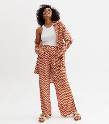 Brown Wave Split Hem Wide Leg Trousers 