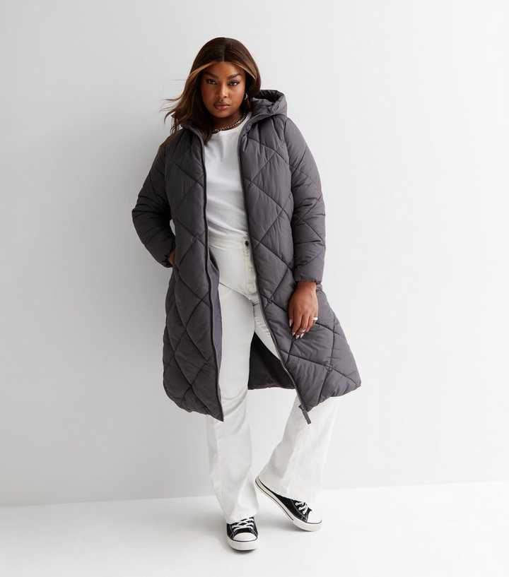 Curves Grey Quilted Long Hooded Puffer Jacket