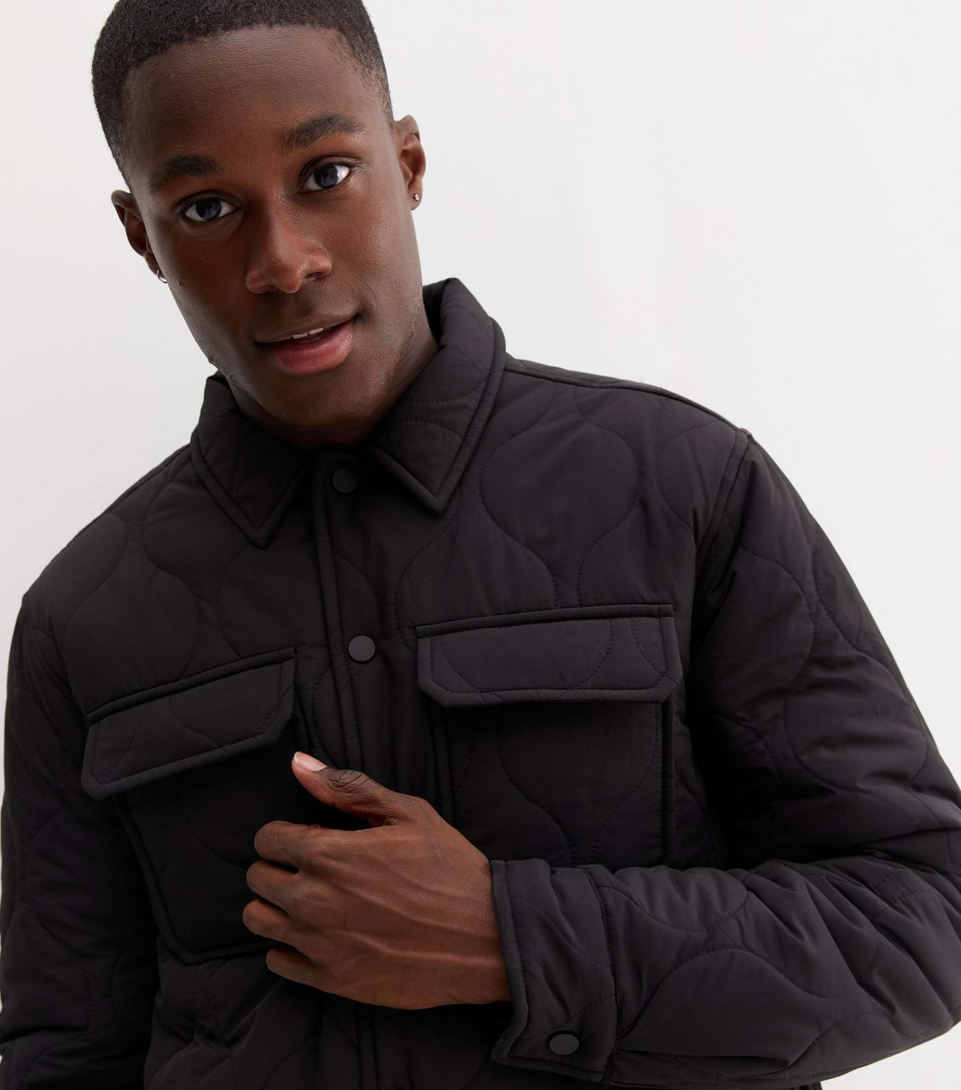 Black Quilted Collared Pocket Front Overshirt Image 3