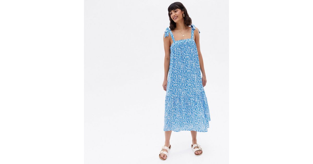 Blue Ditsy Floral Tiered Midi Smock Dress | New Look