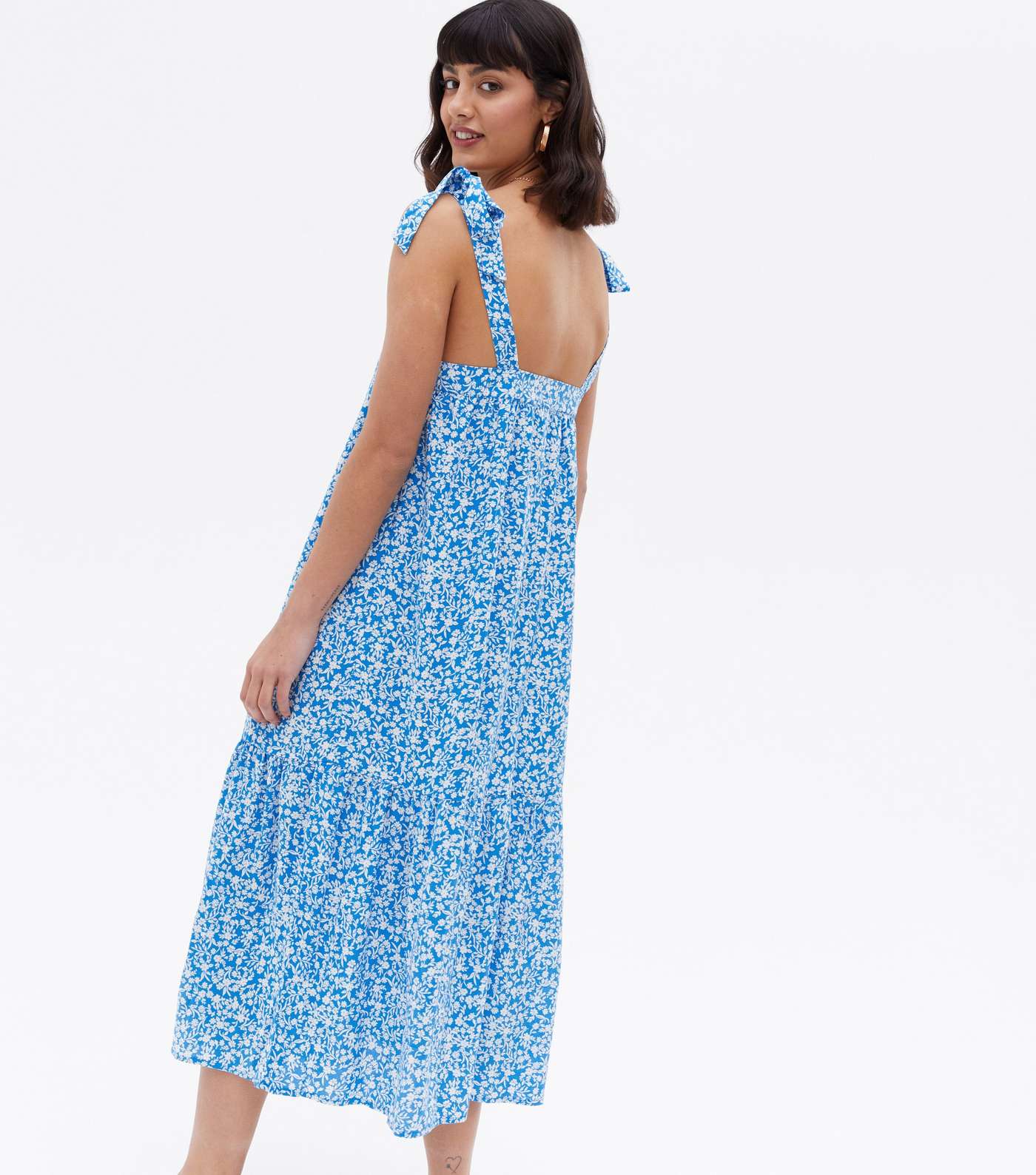 Blue Ditsy Floral Tiered Midi Smock Dress Image 4