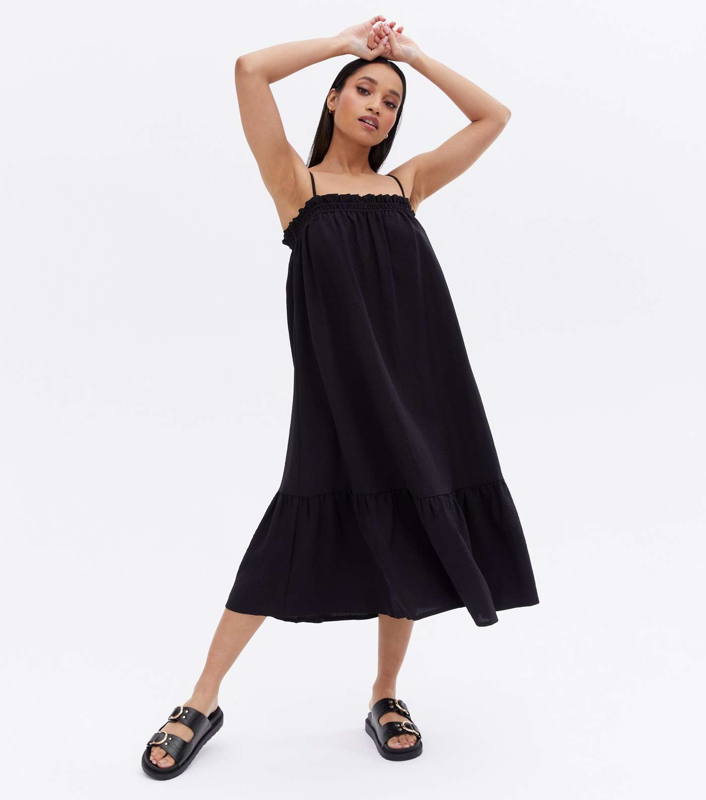 Petite Black Tiered Strappy Midi Dress