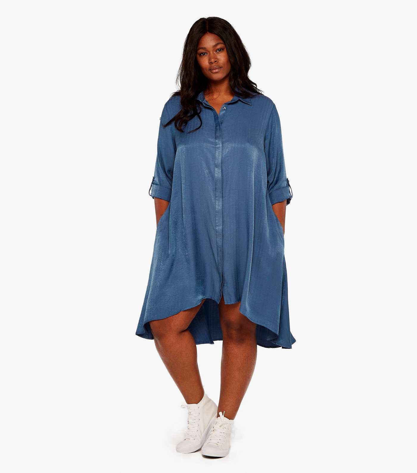 Apricot Curves Blue Twill Satin Midi Shirt Dress Image 2