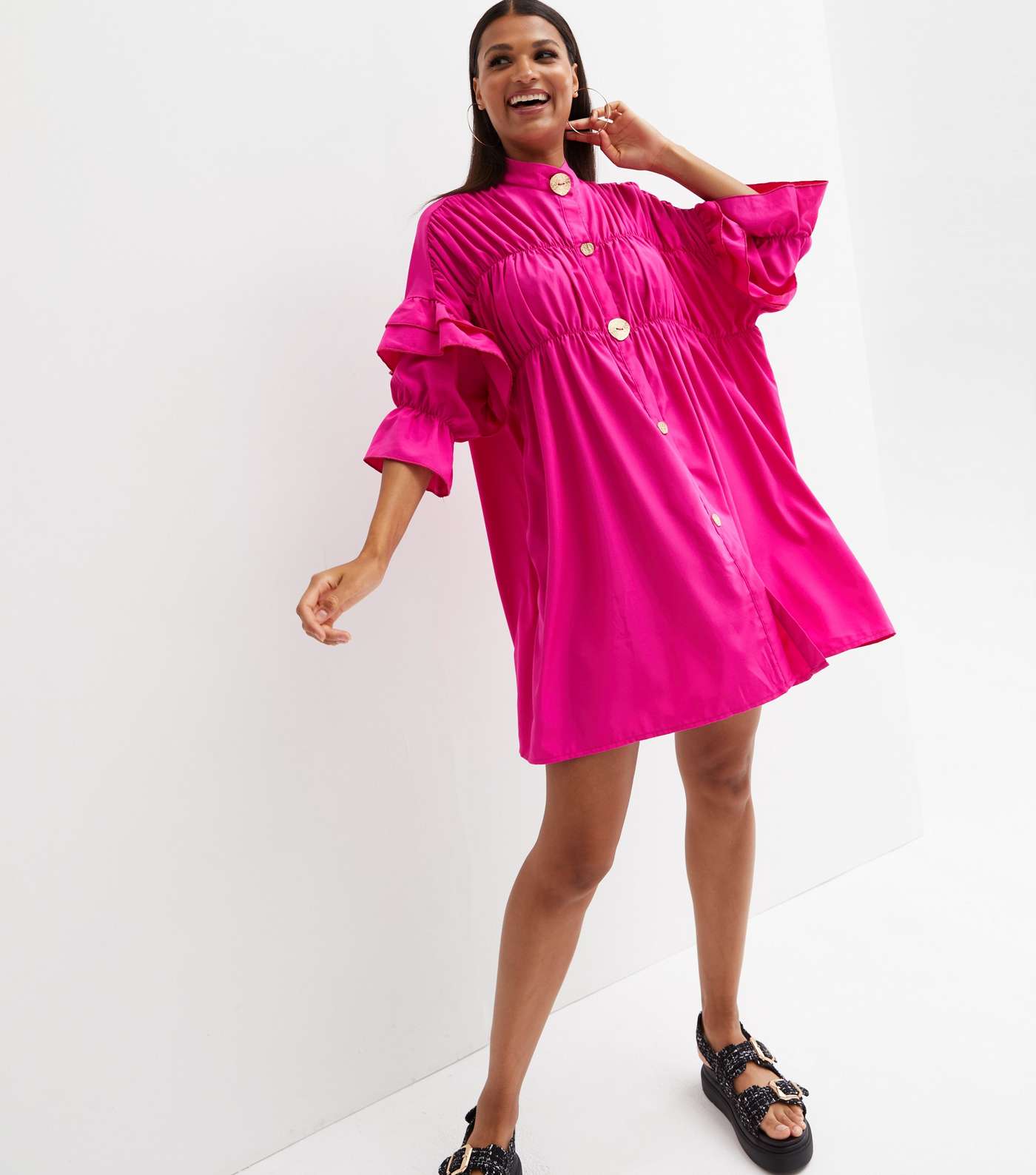 Cameo Rose Bright Pink Ruched Frill Button Mini Smock Dress