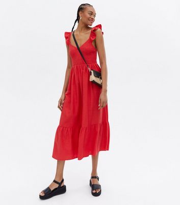 red frill midi dress