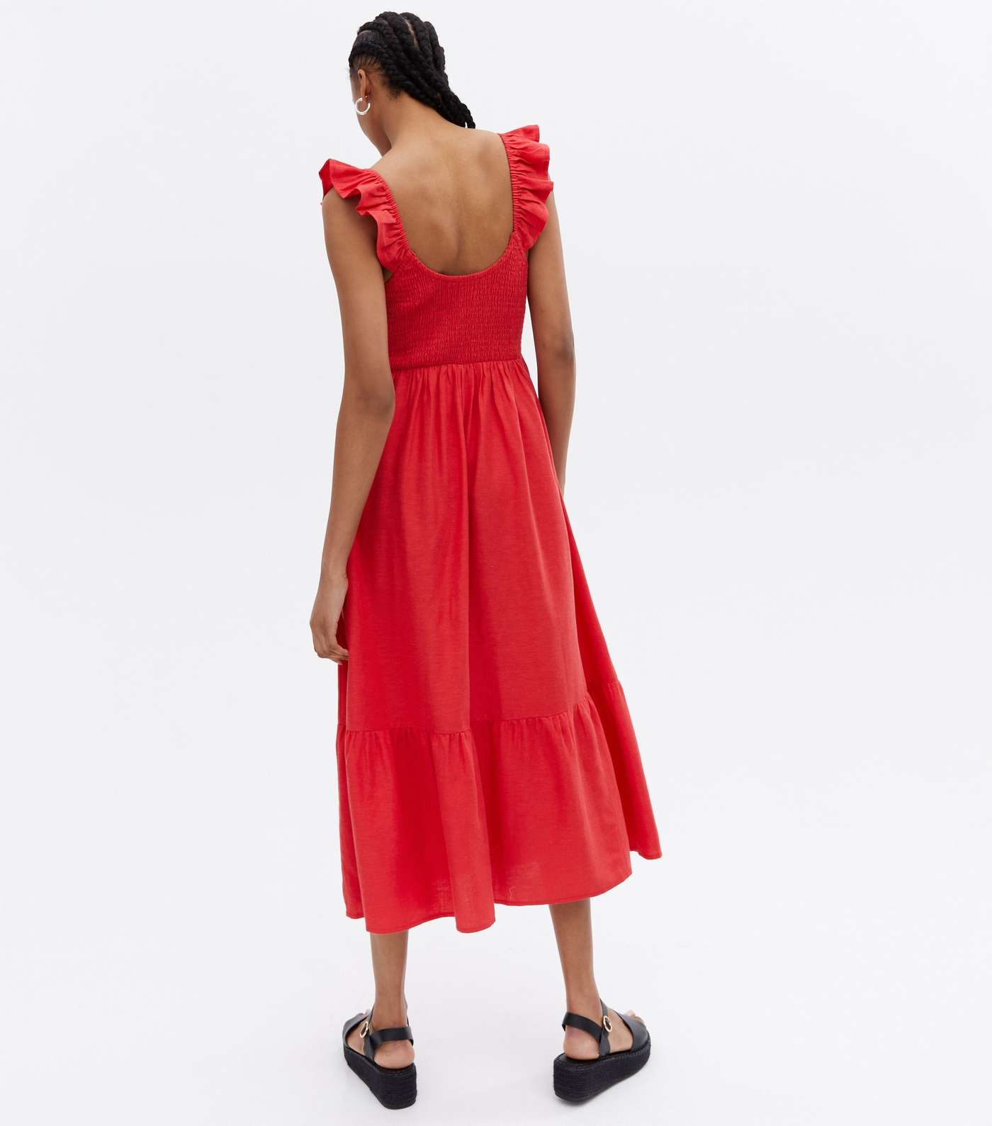 Tall Red Shirred V Neck Tiered Frill Midi Dress Image 4